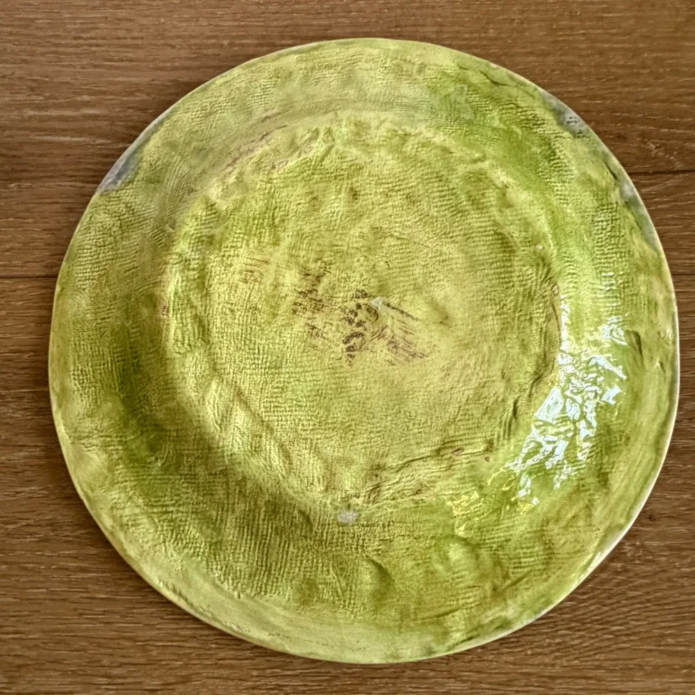Handmade Studio Pottery Hydrangea Floral Relief Plate Blue Yellow Green 9.25